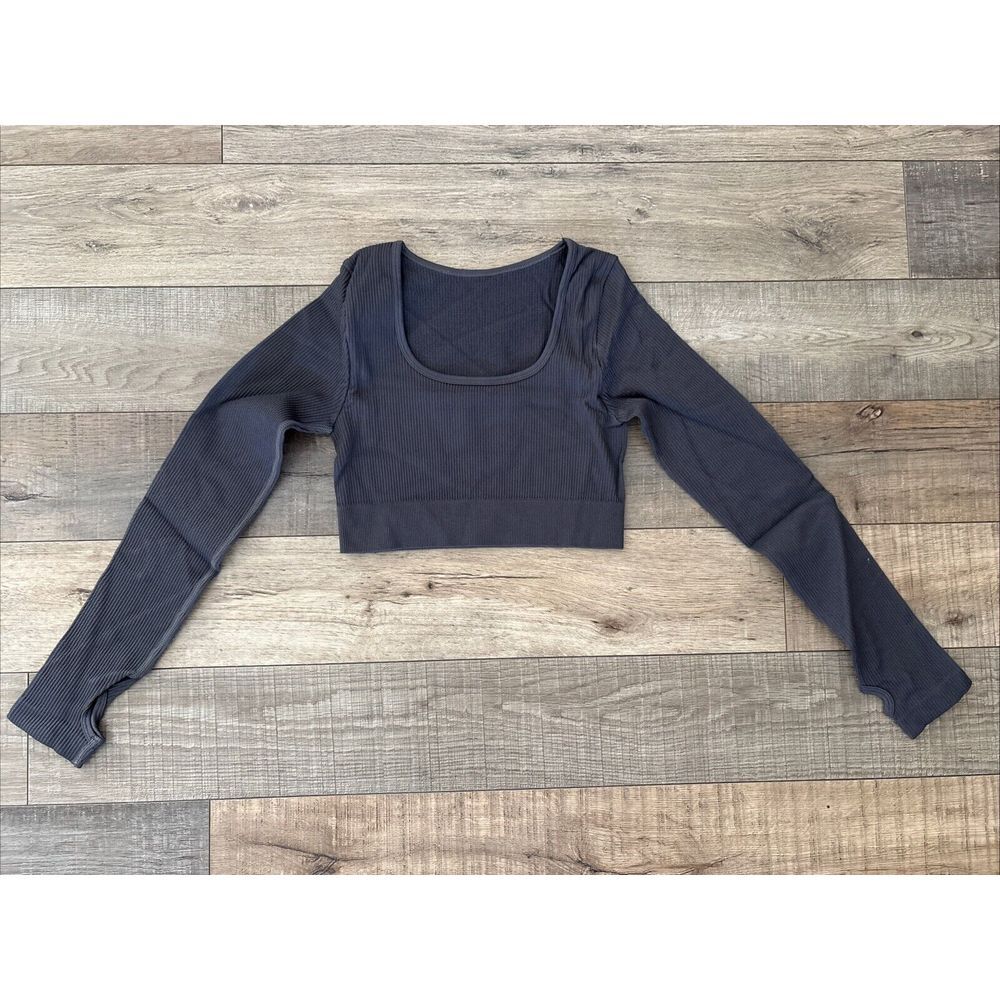 Womens Square Neck Long Sleeve Crop Top Workout Athletic Yoga Small, Gray